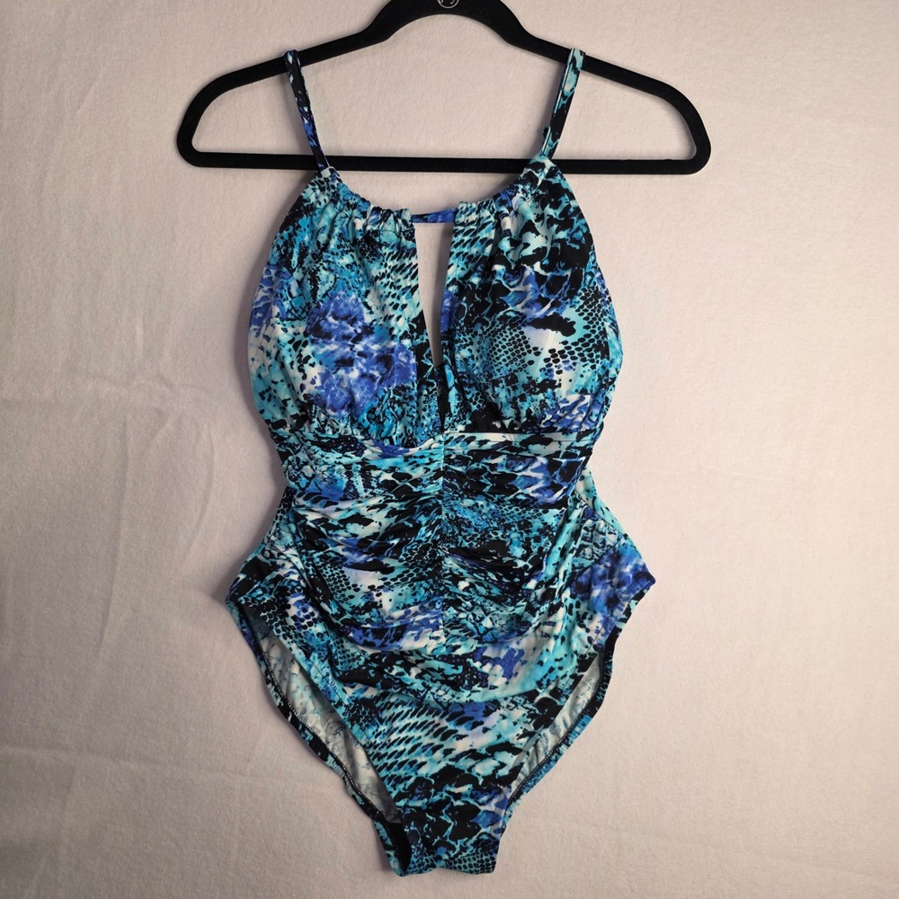 Vanishing Act Blue Snakeskin Print‎ Ruched One Piece Swimsuit Size 14 670602